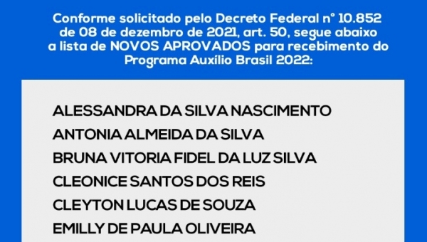 Secretaria de Assistência Social, divulga lista de NOVOS aprovados para recebimento do Programa Auxílio Brasil 
