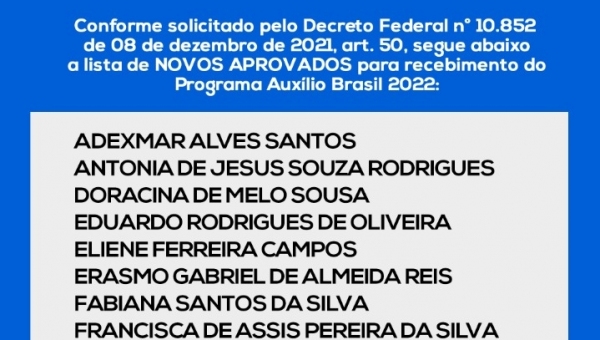 Secretaria de Assistência Social, divulga lista dos novos aprovados para recebimento do Programa Auxílio Brasil do município de Pau D'arco - TO